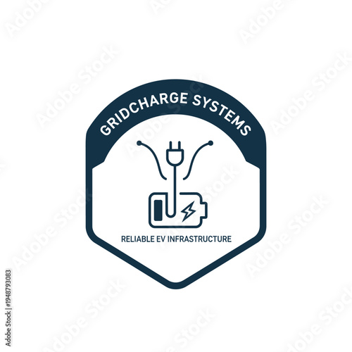 Badge icon featuring electric plug and battery with lightning bolt symbol for reliable electric vehicle charging infrastructure logo GRIDCHARGE SYSTEMS