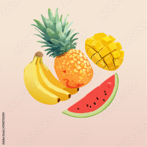 Vibrant illustration of pineapple, mango, bananas, and watermelon, tropical fruits floating, ideal for summer, healthy food, and refreshing designs