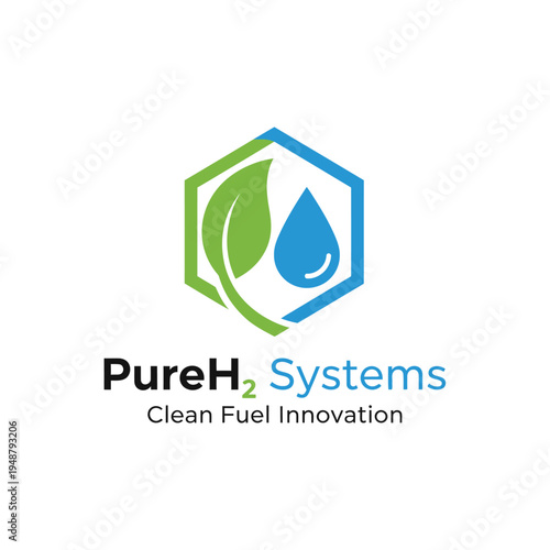 Hexagon frame with green leaf and blue water drop icon for hydrogen clean fuel innovation technology company branding logo PureH2 Systems