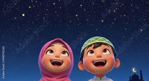 Cartoon Muslim children looking up at starry night sky