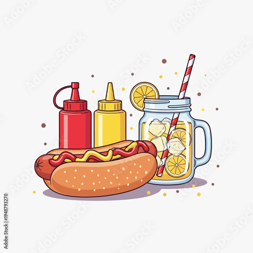 Hot Dog with Ketchup Mustard and Lemonade.