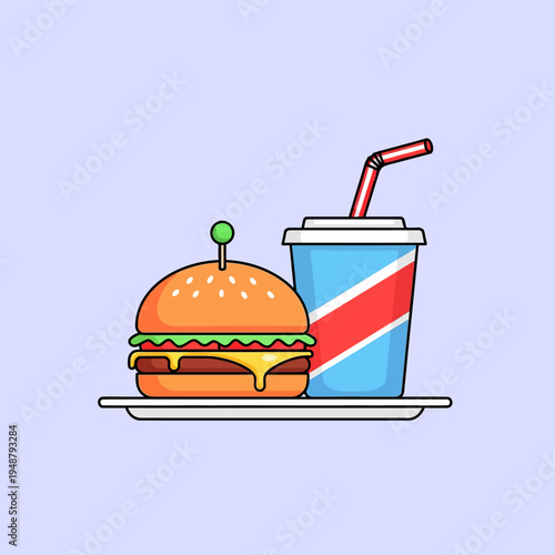 Hamburger and Soft Drink on Tray.