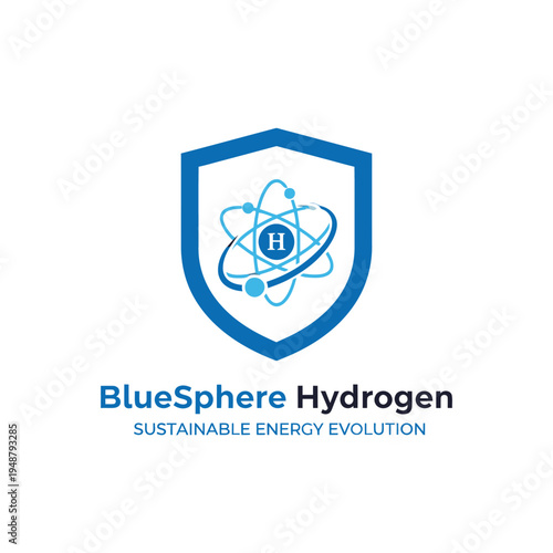 Atom and hydrogen molecule shield logo for sustainable clean energy and renewable technology innovation BlueSphere Hydrogen