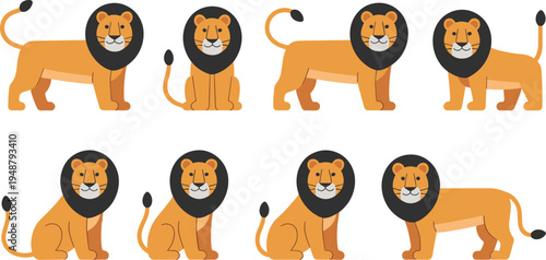 Cute cartoon lion character poses collection with standing sitting walking safari animal vector illustration set