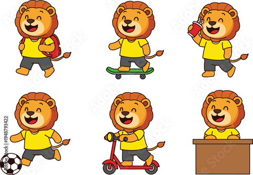 Cute cartoon lion cub activities collection with skateboard scooter football backpack and school desk vector set
