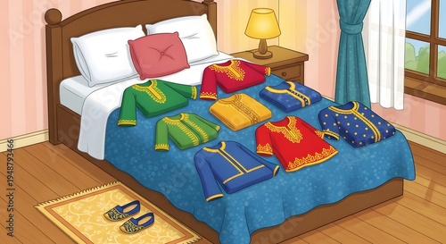 Colorful traditional Indian clothing on bed in bedroom