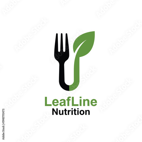 Fork and leaf combined icon logo for healthy eating nutrition plans and organic catering service branding LeafLine Nutrition