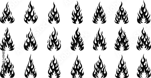 Flame fire icons collection with different burning shapes black silhouette fire elements vector set