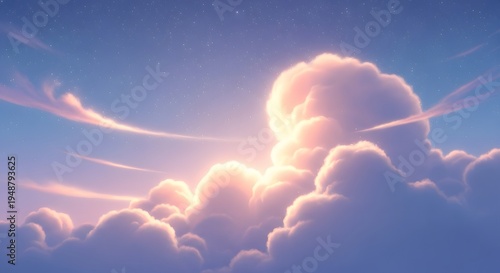 Sunset behind fluffy white clouds in blue sky