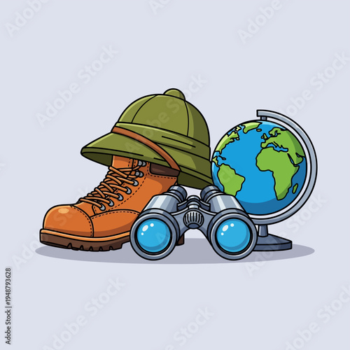Hiking Boot Hat Binoculars Globe Travel.
