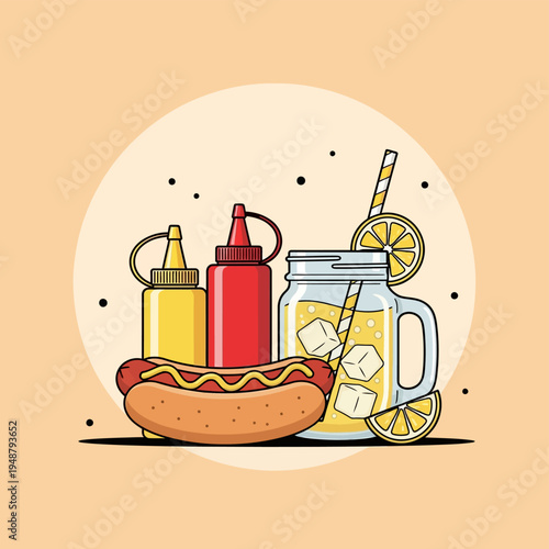 Hot Dog with Ketchup Mustard and Lemonade.