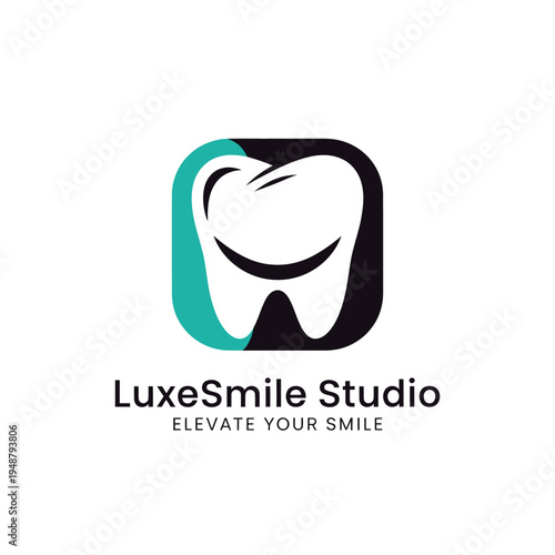 Elegant tooth icon within rounded square for luxury aesthetic dental studio or premium oral health care center branding logo LuxeSmile Studio