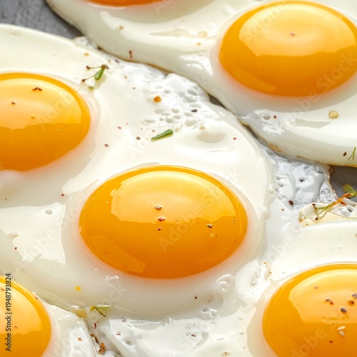 Close-up of fried eggs with seasonings on a plate