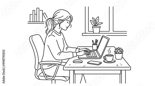 Focused professional at desk with laptop, smartphone, notebook, coffee cup, potted plants, lamp, books, and window view, symbolizing remote work, productivity, comfort, and modern home office culture.