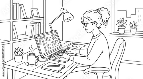 Focused professional at desk with laptop, smartphone, notebook, coffee cup, potted plants, lamp, books, and window view, symbolizing remote work, productivity, comfort, and modern home office culture.