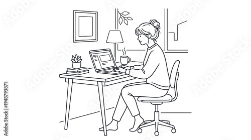 Focused professional at desk with laptop, smartphone, notebook, coffee cup, potted plants, lamp, books, and window view, symbolizing remote work, productivity, comfort, and modern home office culture.