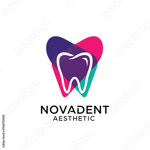 Colorful geometric overlapping tooth icon for modern aesthetic dental center or innovative dentistry practice brand identity logo NovaDent