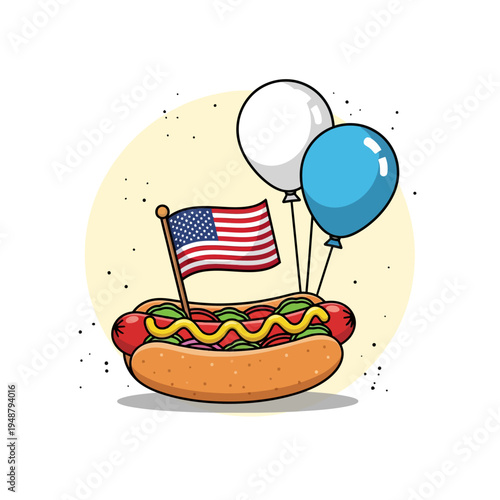 Hot Dog with American Flag and Balloons.