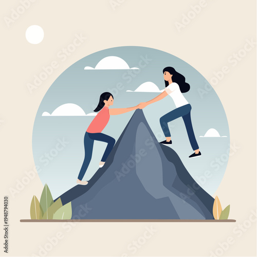 Two individuals collaborating to conquer a challenging mountain peak, symbolizing teamwork and mutual support in overcoming obstacles