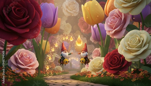 Whimsical illustration of gnomes in colorful flower garden