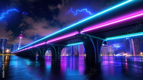 Vibrant Night Cityscape with Neon River Bridge and Illuminated Skyline Reflections