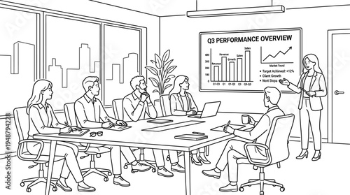 Conference room presentation with three professionals, laptops on table, presenter pointing to growth chart labeled “BUSINESS SUCCESS EMPLOYEE PERFORMANCE” from 2015–2021, symbolizing progress and str