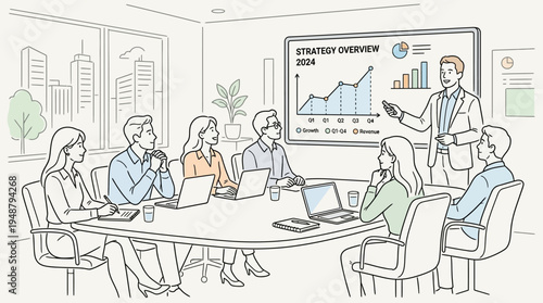 Conference room presentation with three professionals, laptops on table, presenter pointing to growth chart labeled “BUSINESS SUCCESS EMPLOYEE PERFORMANCE” from 2015–2021, symbolizing progress and str