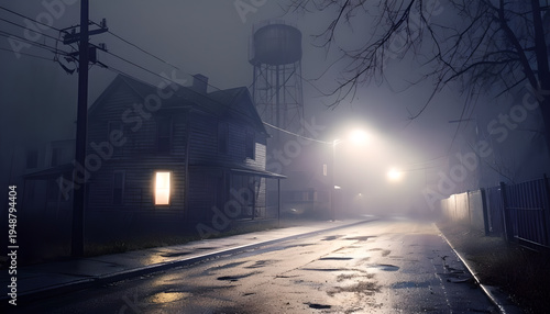 Spooky residential neighborhood street covered by thick fog at night illuminated by street lamps. Eerie atmospheric suburban street at night with heavy mist and glowing street light. Halloween theme