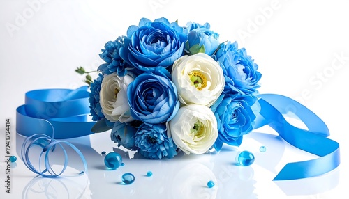 A close-up shot of an elegant bouquet featuring blue and white flowers, tied with a matching blue ribbon. Small glass beads