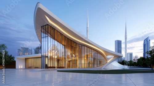 Modern architectural design featuring sleek lines and large glass windows with a city skyline in the background