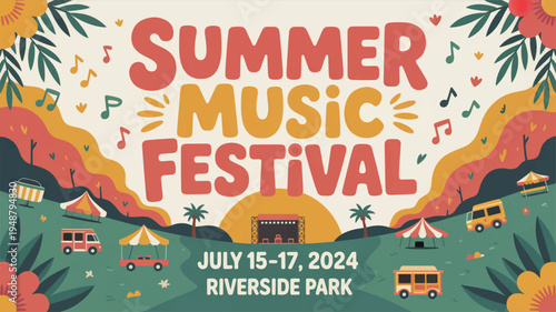 Vibrant summer music festival poster with colorful illustrations and dates