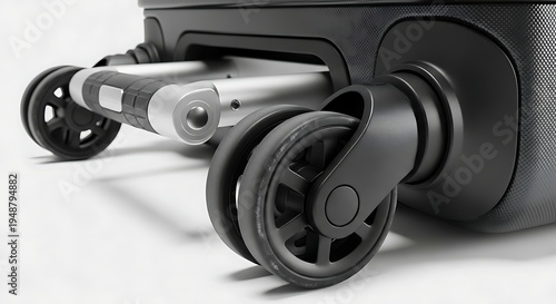 Close-up of suitcase wheels and handle with sharp focus on clean neutral background, modern travel equipment detail, durable luggage design concept.