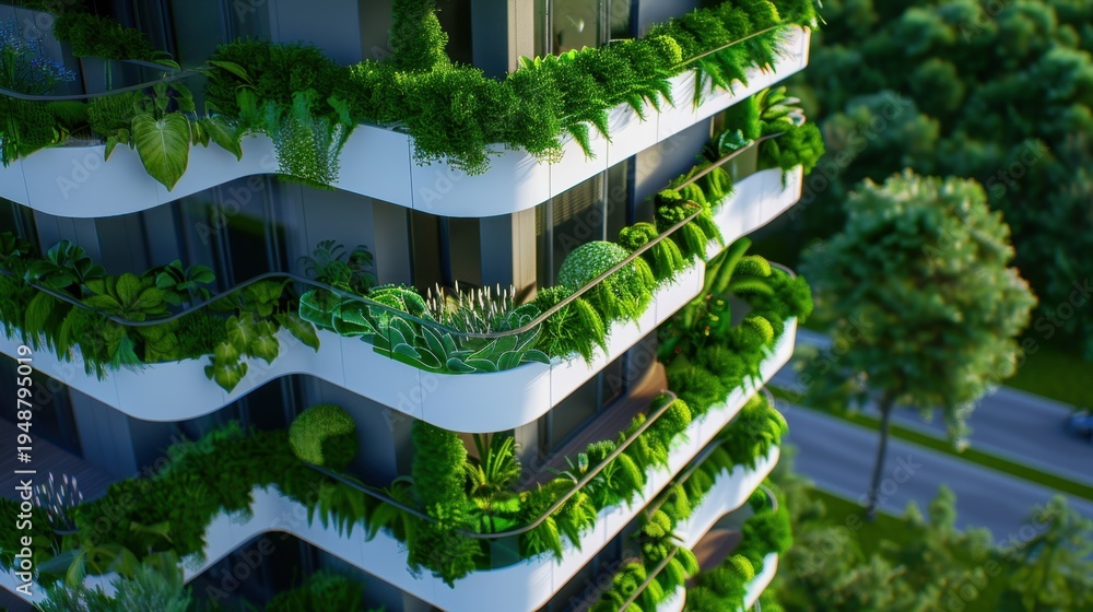Obraz premium Modern Eco-Friendly Building with Lush Greenery on Balconies and Sustainable Architecture in Urban Setting