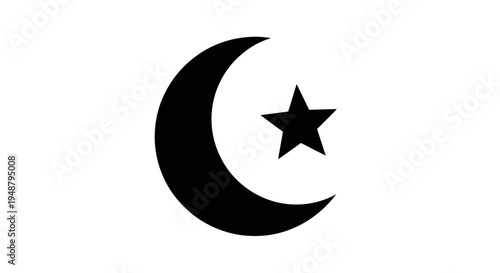 Black Crescent Moon and Star Symbol on White Background