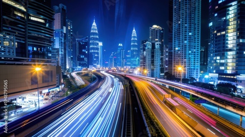 Cityscape at Night with Light Trails and Skyscrapers Under a Dark Blue Sky in an Urban Setting