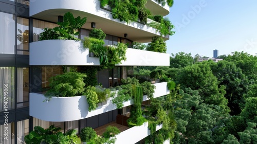 Modern architectural design featuring residential building with lush greenery and sustainable elements for urban living