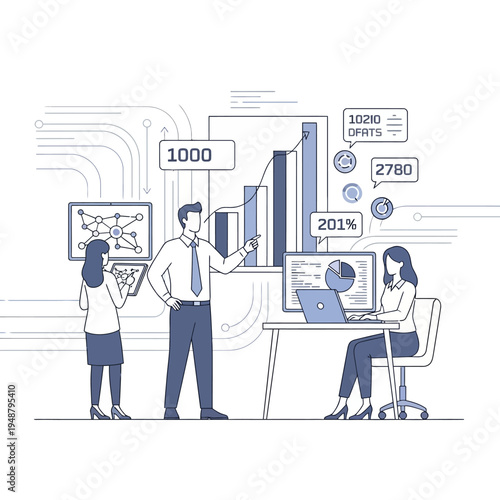 Team of professionals analyzing data and charts in a modern office setting, showcasing business growth and technological advancement.