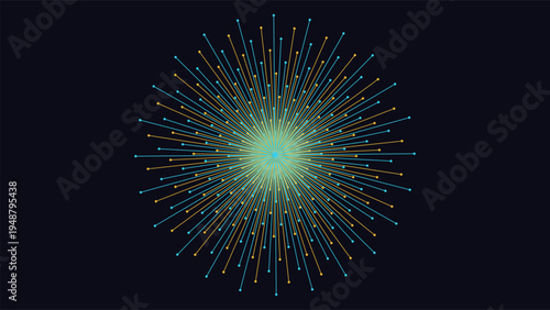 Abstract Minimalist Midnight Blue and Gold Vector Radial Geometric Vector Background with Lines and Nodes