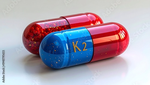 Two capsules, one red and one half red half blue with K2