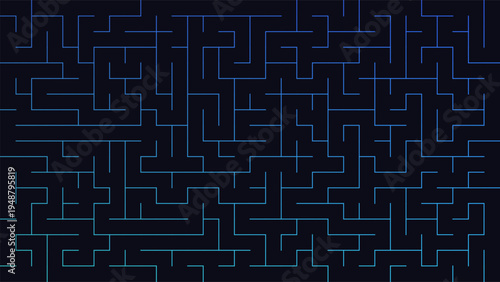 Abstract Neon Deep Blue Digital Line Art Maze Wall Vector Illustration on Dark Background