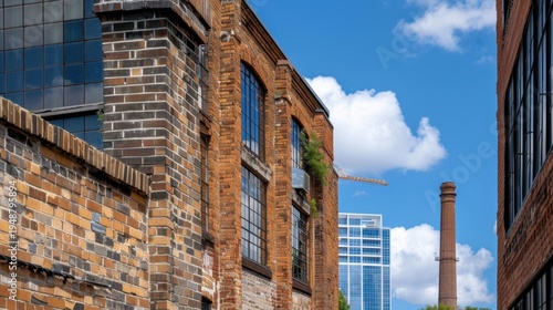 Urban Industrial Landscape with Historic Brick Buildings and Modern Skyscrapers under Blue Sky