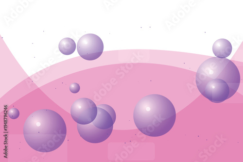Abstract vector background with floating purple 3D spheres and flowing pink translucent wave shapes, ideal for modern digital design, presentations, or website banners.