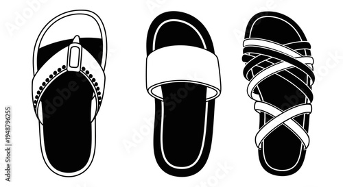 Three Types of Sandals: Flip-Flop, Slide, and Strappy - Top View, Black and White Line Art