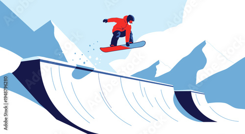 Snowboarder Jumps Over Snow Park Ramp in Mountains