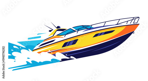 Speedboat racing through blue ocean waves, dynamic motion, vibrant yellow and orange yacht.