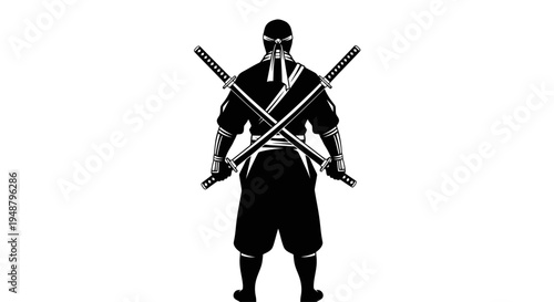 Silhouette of a Ninja Warrior with Crossed Swords, Ready for Battle