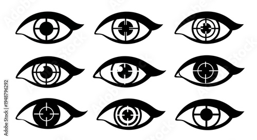 Set of stylized eyes with crosshair targets, symbolizing focus, vision, and precision
