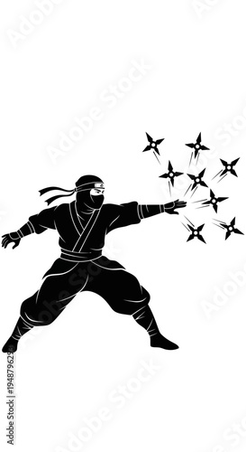 Silhouette Ninja Warrior Throwing Shurikens, Dynamic Action Pose, Martial Arts Combat