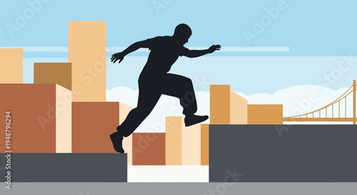Silhouette of a man parkouring across urban rooftops with city skyline and bridge in background