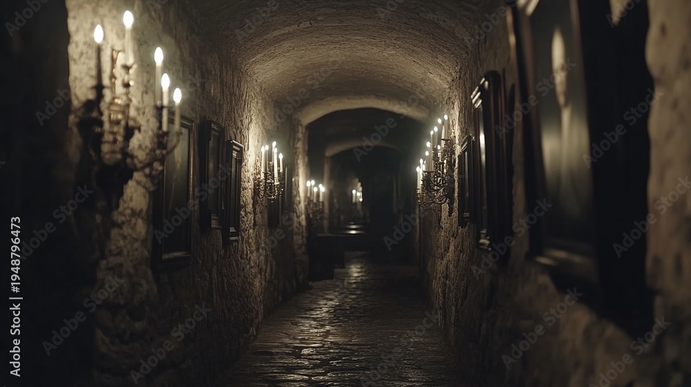 Fototapeta premium dimly. Long stone corridor with flickering candlelight and ancient portraits on walls. real-estate listings, architecture portfolios, designed for real-estate listing and luxury residence showcases.